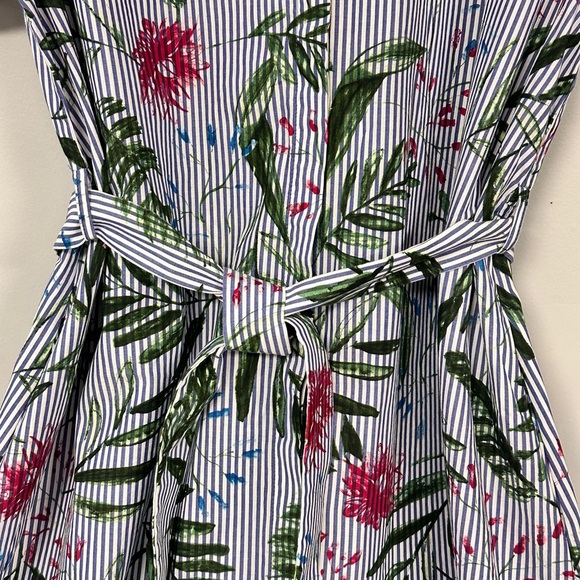 ZARA Basic Denim Blue Floral Striped Button Front, Belted Short Sleeve Dress,  S - Picture 4 of 10